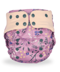 ett lila pul-skal med blommor på, pul-skalet har beiga tabbar